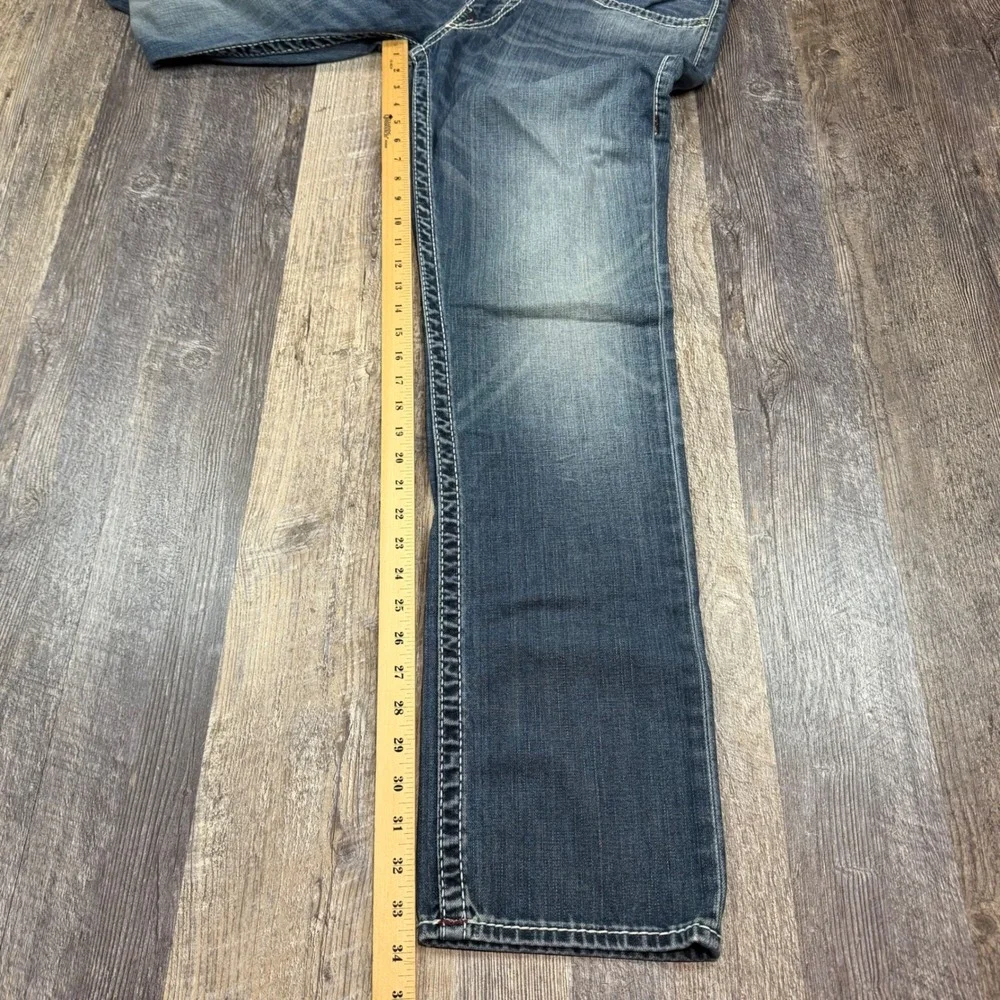 True Religion Slim Flap Pocket Big T Burgundy Stitch Jeans Mens 34x34 Blue Denim